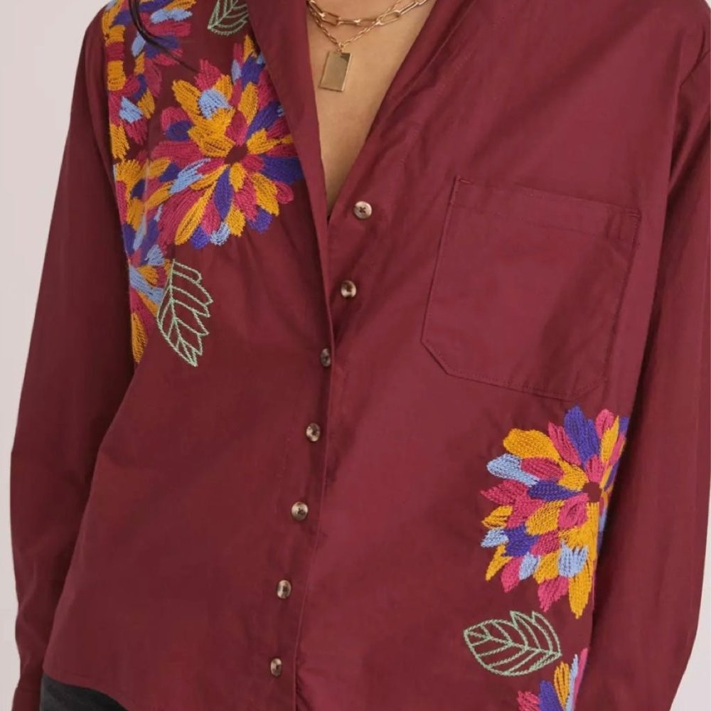 Anthropologie Maeve Women's Size 2 Burgundy Button Down Blouse Embroidery